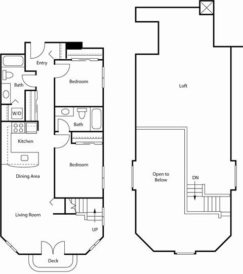 A floor plan of a house with a loft and a deck.